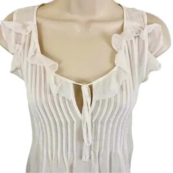 Theory White Bohemian Style Babydoll Top Pin-tuck Pleating Sleeveless Ruffled - Picture 12 of 15